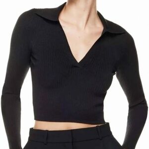 Aritzia Babaton Black Ribbed V-Neck Long Sleeve Top